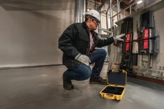 A male industrial technician wearing a white hard hat, safety glasses, protective gloves, and a dark work jacket is crouched inside an industrial facility or construction environment. He is examining an electrical or mechanical control panel attached to a metal stud wall framing. On the concrete floor next to him sits an open, rugged yellow protective equipment case with custom foam inserts. The overall lighting is cool and functional, emphasizing a real-world frontline workspace