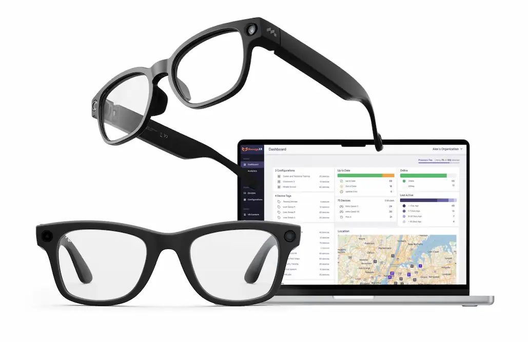 Black camera glasses beside the ManageXR dashboard, illustrating ManageXR Remote Assist